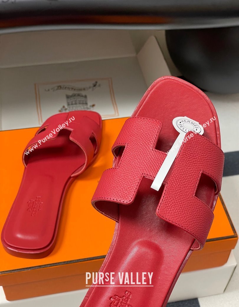 Hermes Oran Classic Flat Slides Sandal in Palm-Grained Calfskin Red 2025 0819 (MD-250819019)