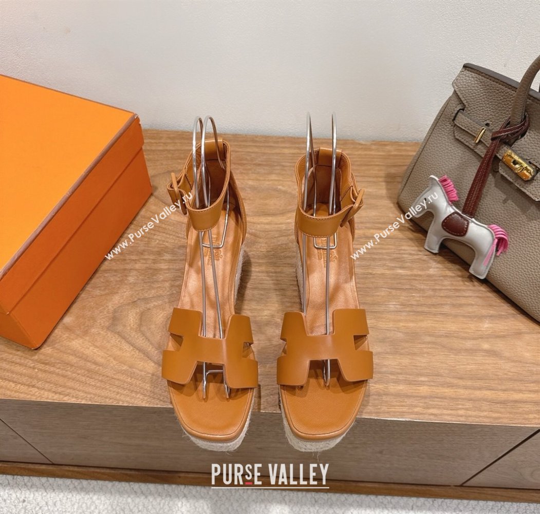 Hermes Elda Platform Wedge Sandals 8cm Smooth Calfskin Brown 2025 H082010 (XC-250820107)