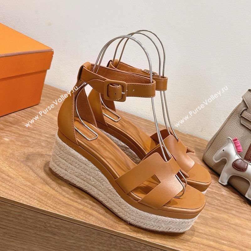 Hermes Elda Platform Wedge Sandals 8cm Smooth Calfskin Brown 2025 H082010 (XC-250820107)