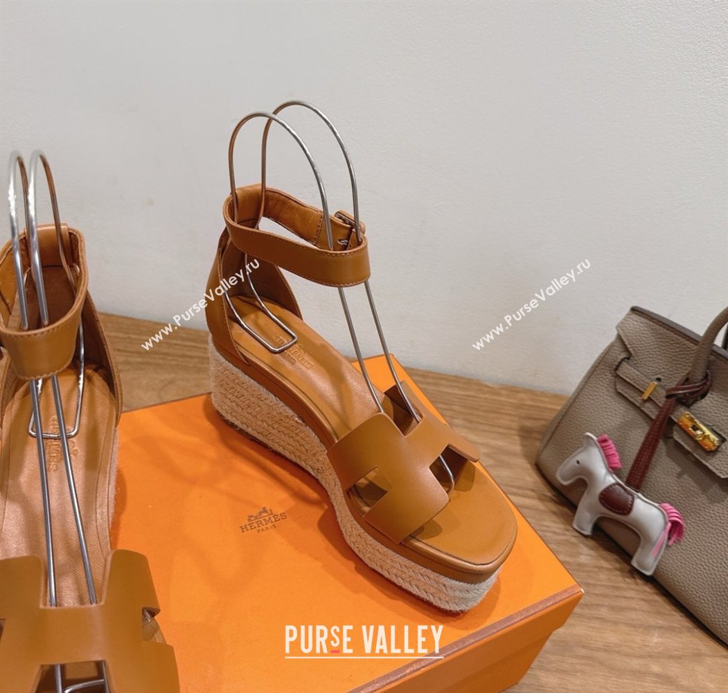 Hermes Elda Platform Wedge Sandals 8cm Smooth Calfskin Brown 2025 H082010 (XC-250820107)