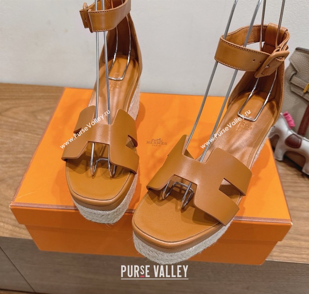 Hermes Elda Platform Wedge Sandals 8cm Smooth Calfskin Brown 2025 H082010 (XC-250820107)