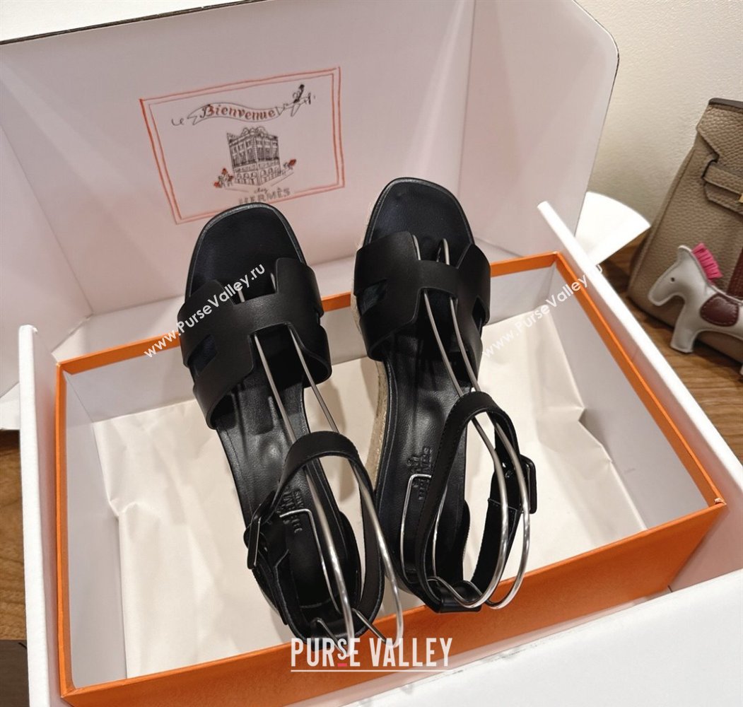 Hermes Elda Platform Wedge Sandals 8cm Smooth Calfskin Black 2025 H082010 (XC-250820113)