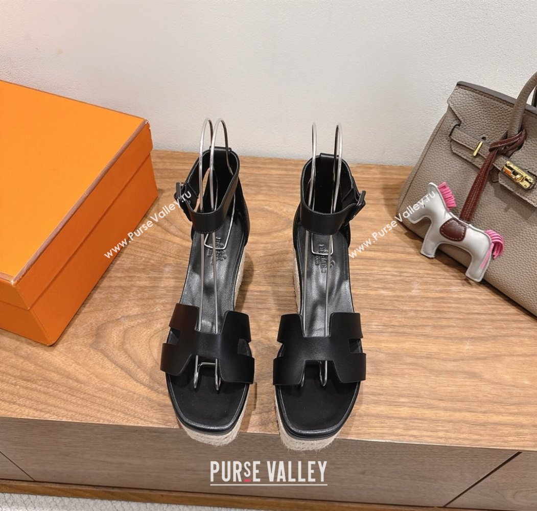 Hermes Elda Platform Wedge Sandals 8cm Smooth Calfskin Black 2025 H082010 (XC-250820113)
