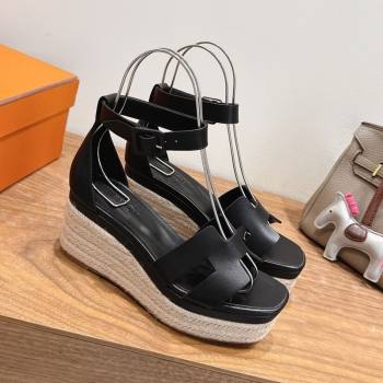 Hermes Elda Platform Wedge Sandals 8cm Smooth Calfskin Black 2025 H082010 (XC-250820113)