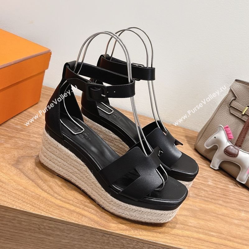 Hermes Elda Platform Wedge Sandals 8cm Smooth Calfskin Black 2025 H082010 (XC-250820113)