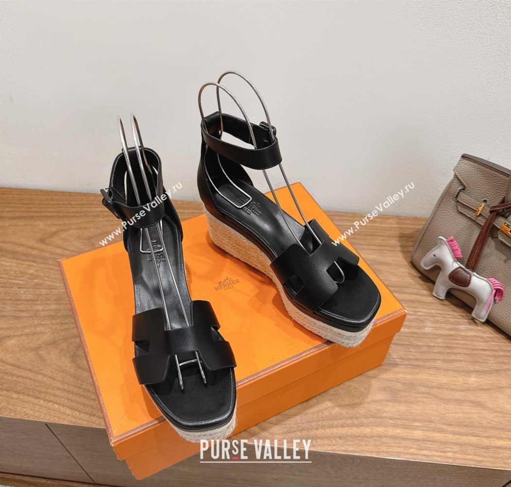 Hermes Elda Platform Wedge Sandals 8cm Smooth Calfskin Black 2025 H082010 (XC-250820113)