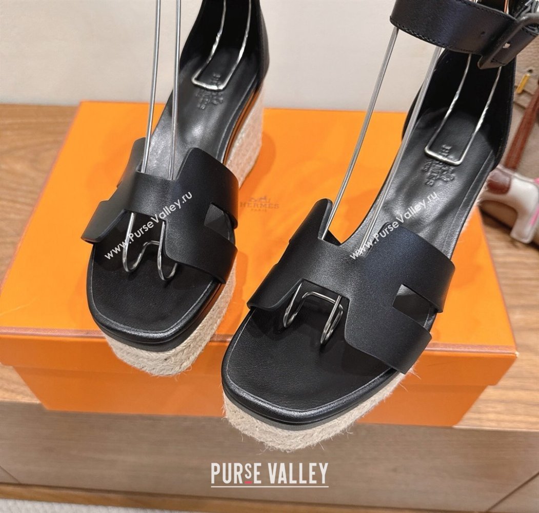 Hermes Elda Platform Wedge Sandals 8cm Smooth Calfskin Black 2025 H082010 (XC-250820113)