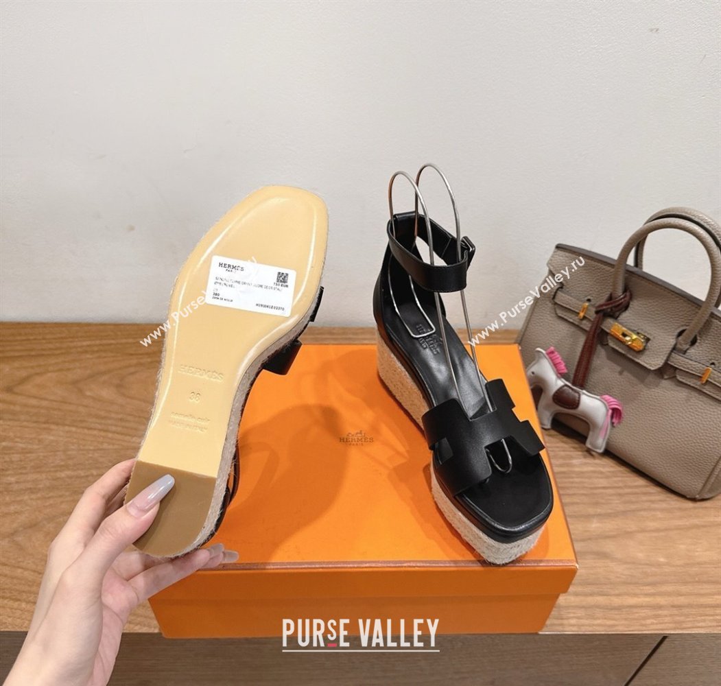 Hermes Elda Platform Wedge Sandals 8cm Smooth Calfskin Black 2025 H082010 (XC-250820113)