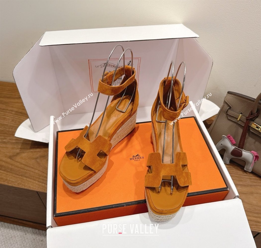 Hermes Elda Platform Wedge Sandals 8cm in Suede Brown 2025 H082010 (XC-250820115)