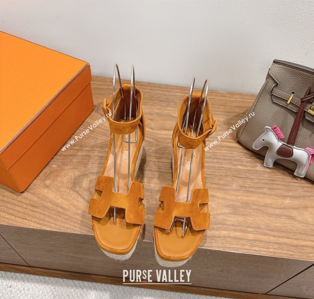 Hermes Elda Platform Wedge Sandals 8cm in Suede Brown 2025 H082010 (XC-250820115)