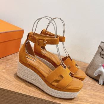 Hermes Elda Platform Wedge Sandals 8cm in Suede Brown 2025 H082010 (XC-250820115)