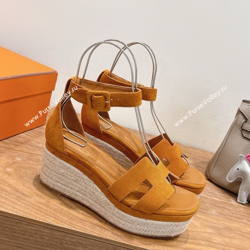 Hermes Elda Platform Wedge Sandals 8cm in Suede Brown 2025 H082010 (XC-250820115)