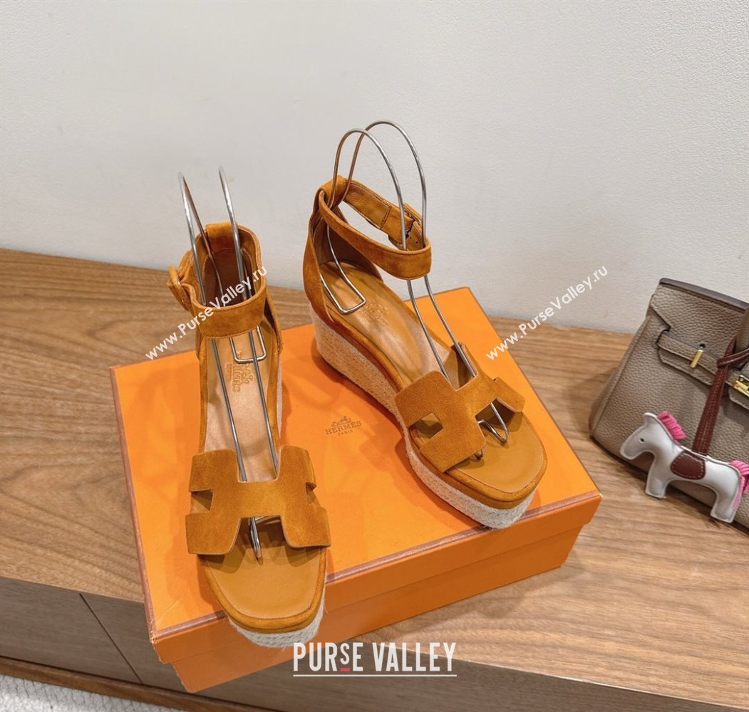 Hermes Elda Platform Wedge Sandals 8cm in Suede Brown 2025 H082010 (XC-250820115)