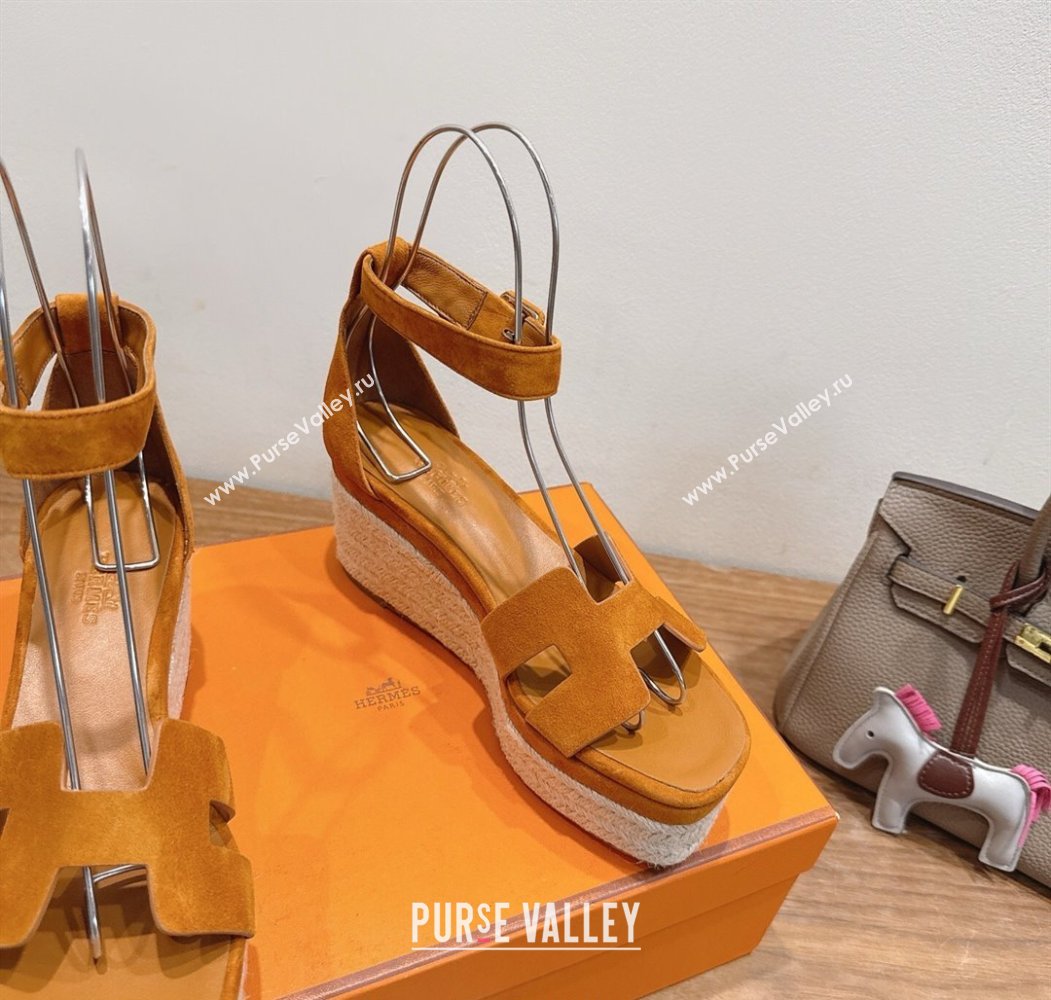 Hermes Elda Platform Wedge Sandals 8cm in Suede Brown 2025 H082010 (XC-250820115)