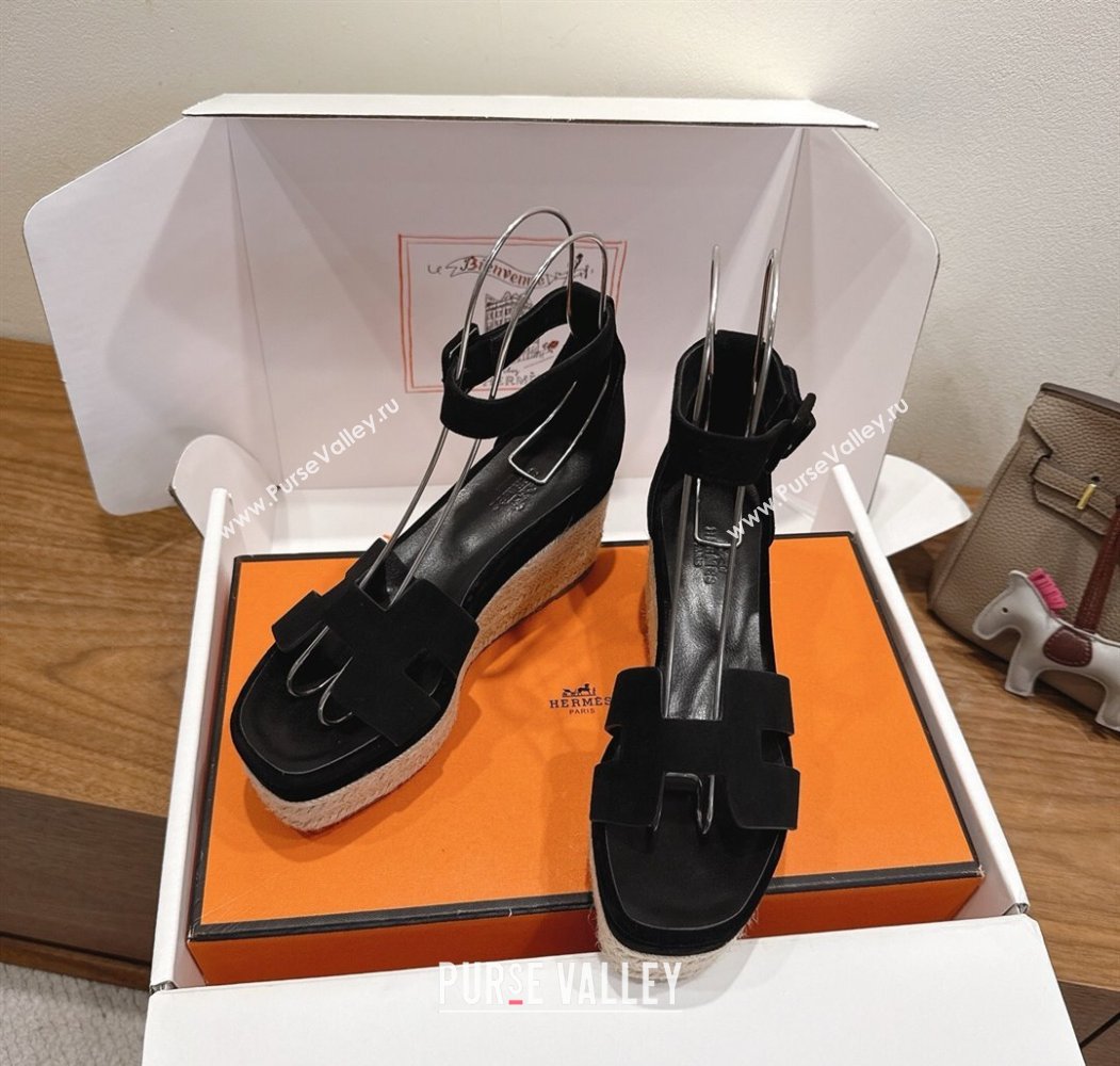 Hermes Elda Platform Wedge Sandals 8cm in Suede Black 2025 H082010 (XC-250820117)