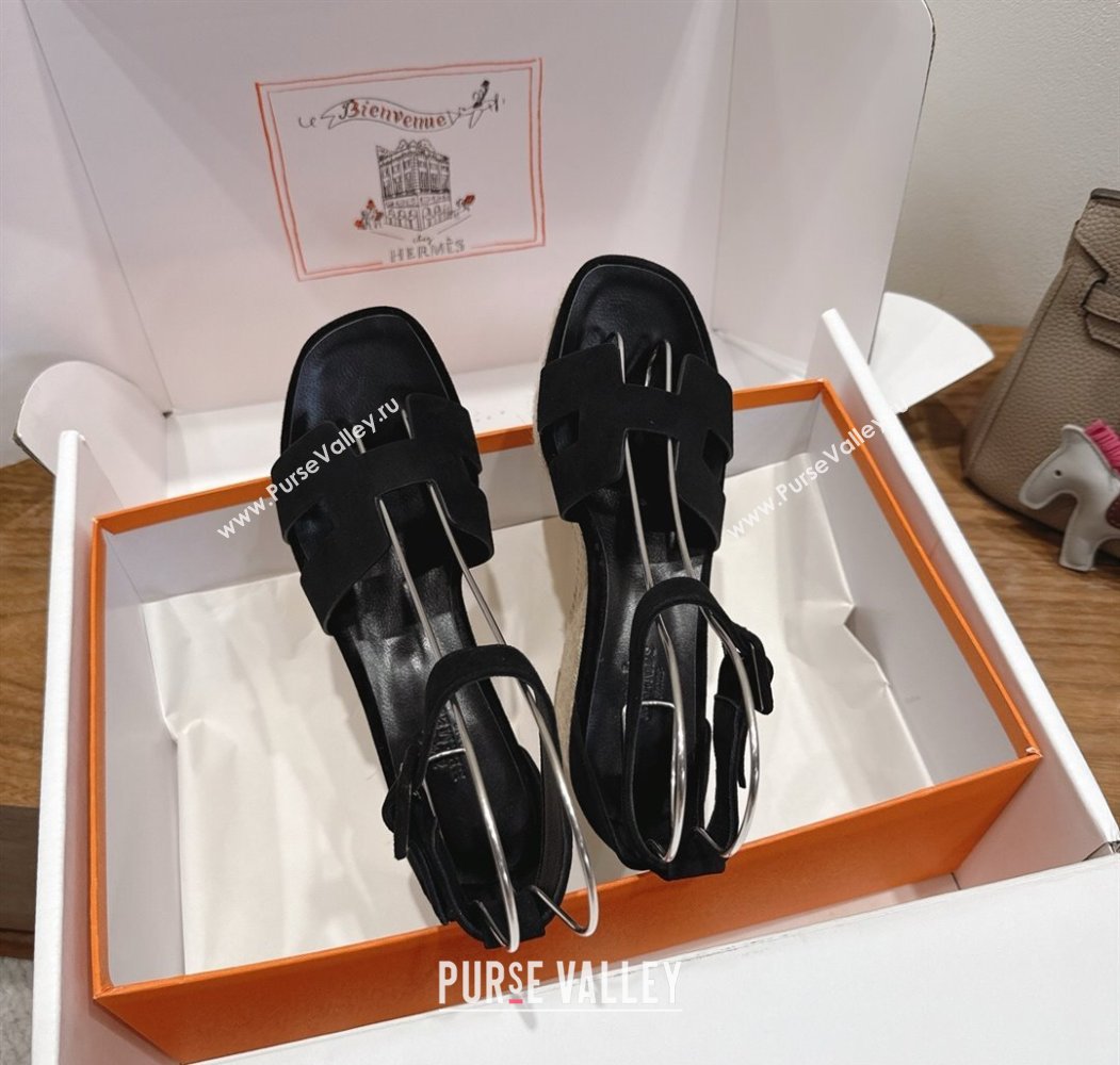 Hermes Elda Platform Wedge Sandals 8cm in Suede Black 2025 H082010 (XC-250820117)