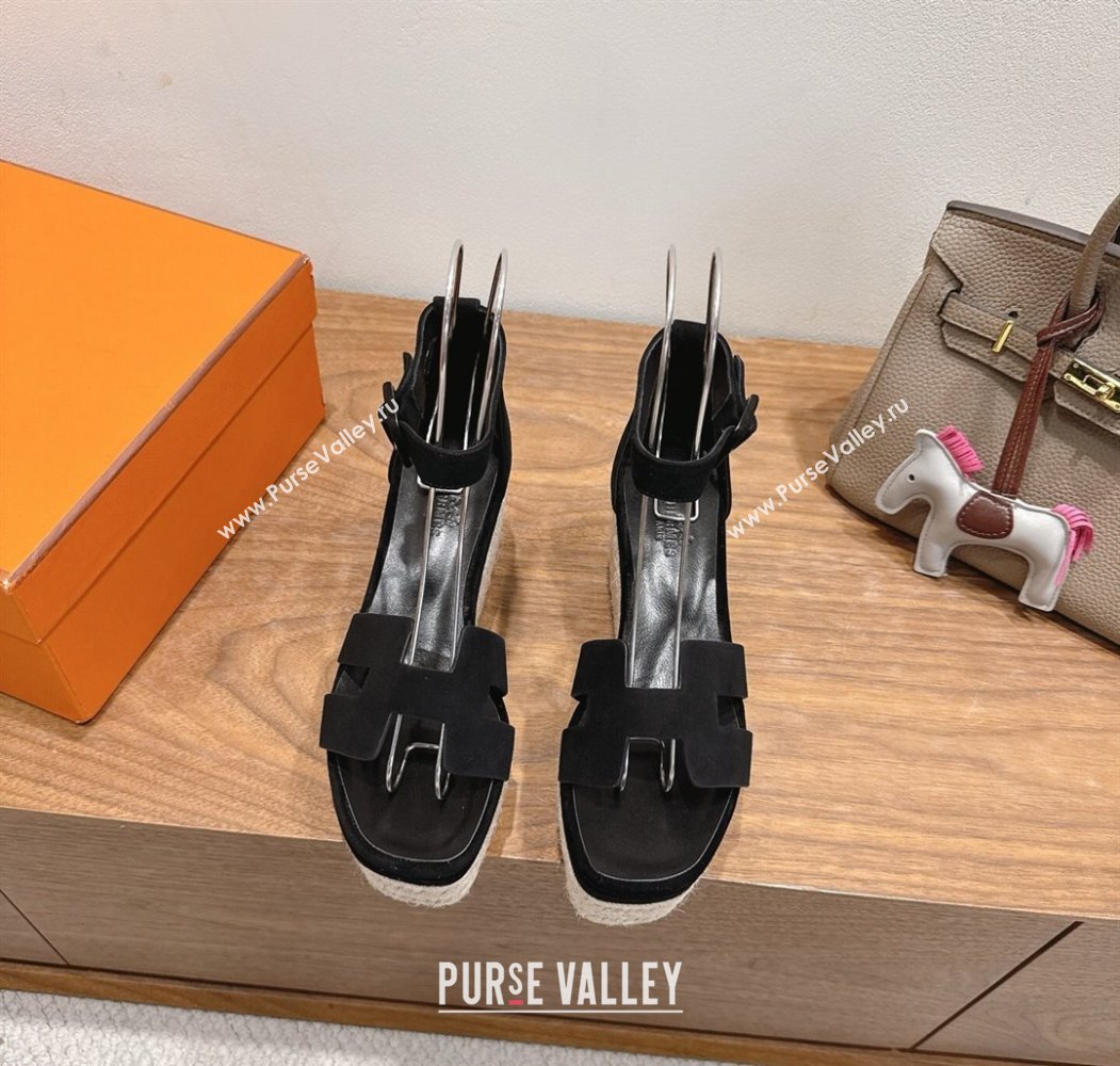 Hermes Elda Platform Wedge Sandals 8cm in Suede Black 2025 H082010 (XC-250820117)
