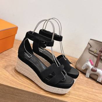Hermes Elda Platform Wedge Sandals 8cm in Suede Black 2025 H082010 (XC-250820117)