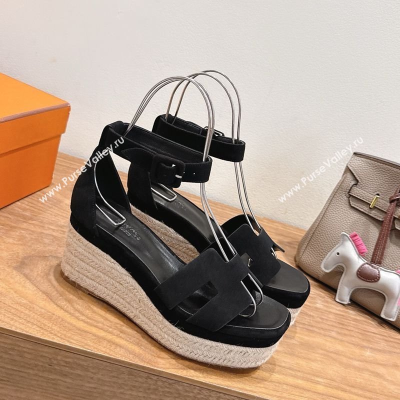 Hermes Elda Platform Wedge Sandals 8cm in Suede Black 2025 H082010 (XC-250820117)