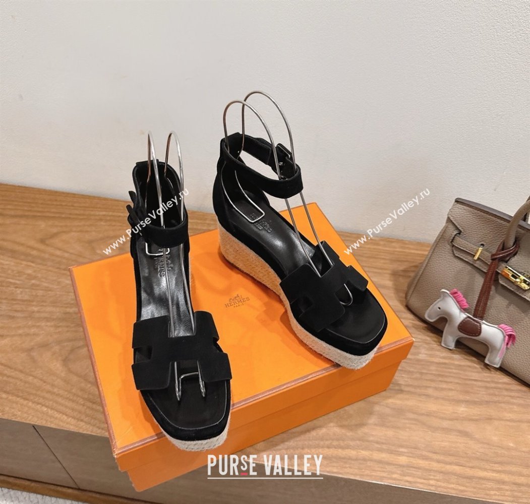 Hermes Elda Platform Wedge Sandals 8cm in Suede Black 2025 H082010 (XC-250820117)