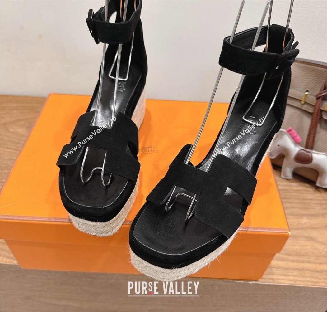 Hermes Elda Platform Wedge Sandals 8cm in Suede Black 2025 H082010 (XC-250820117)