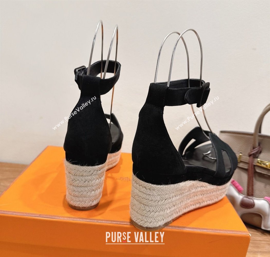 Hermes Elda Platform Wedge Sandals 8cm in Suede Black 2025 H082010 (XC-250820117)