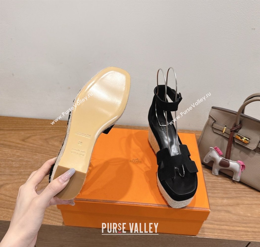 Hermes Elda Platform Wedge Sandals 8cm in Suede Black 2025 H082010 (XC-250820117)