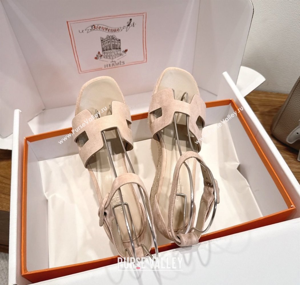 Hermes Elda Platform Wedge Sandals 8cm in Suede Nude 2025 H082010 (XC-250820118)