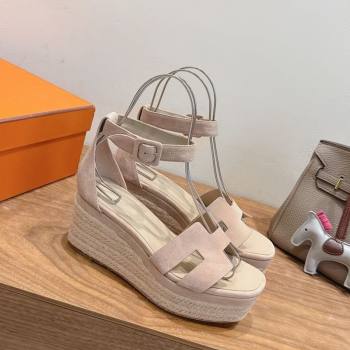 Hermes Elda Platform Wedge Sandals 8cm in Suede Nude 2025 H082010 (XC-250820118)