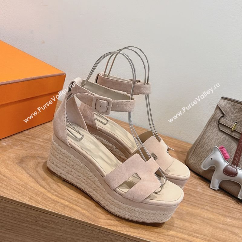 Hermes Elda Platform Wedge Sandals 8cm in Suede Nude 2025 H082010 (XC-250820118)