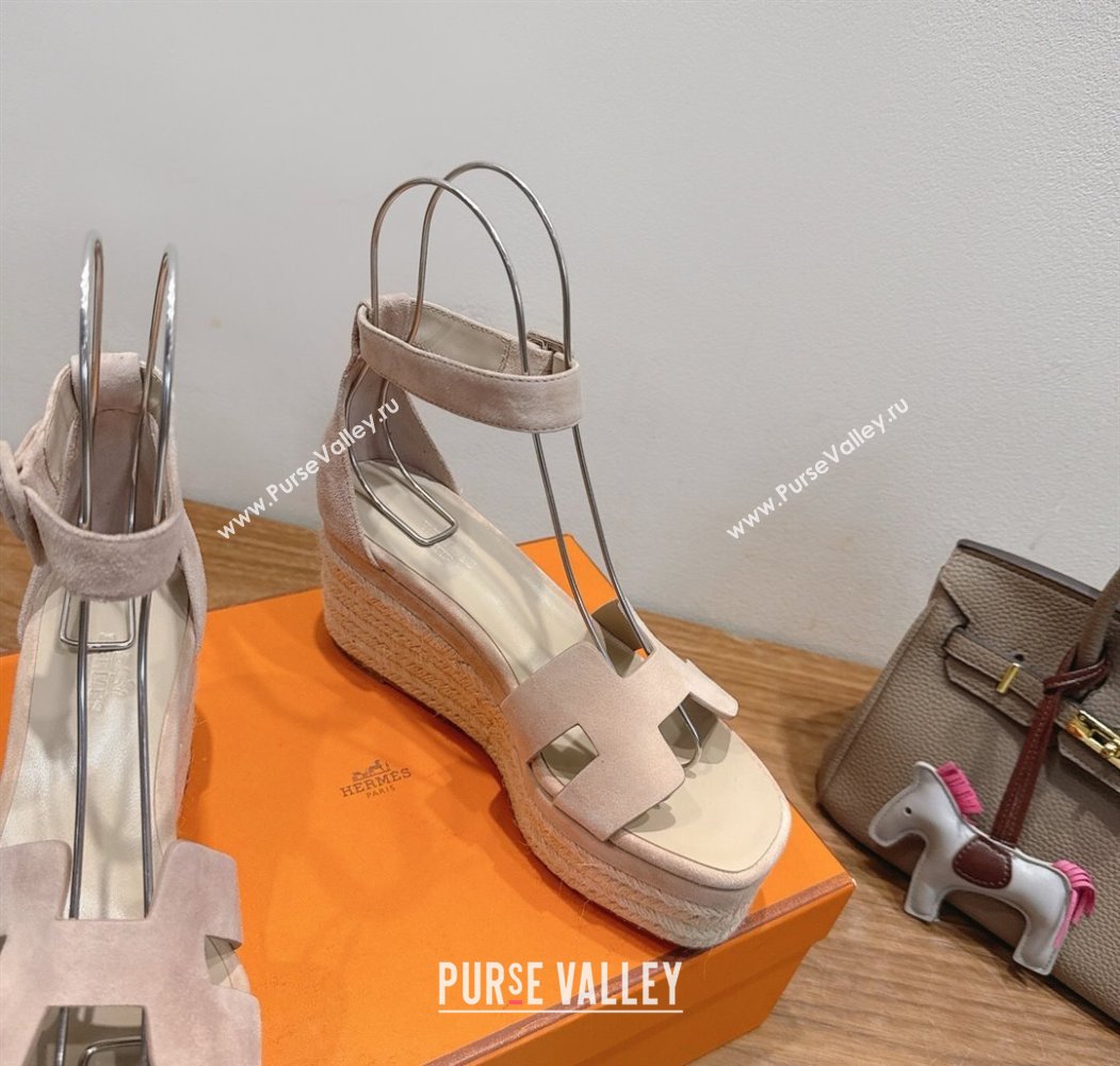 Hermes Elda Platform Wedge Sandals 8cm in Suede Nude 2025 H082010 (XC-250820118)