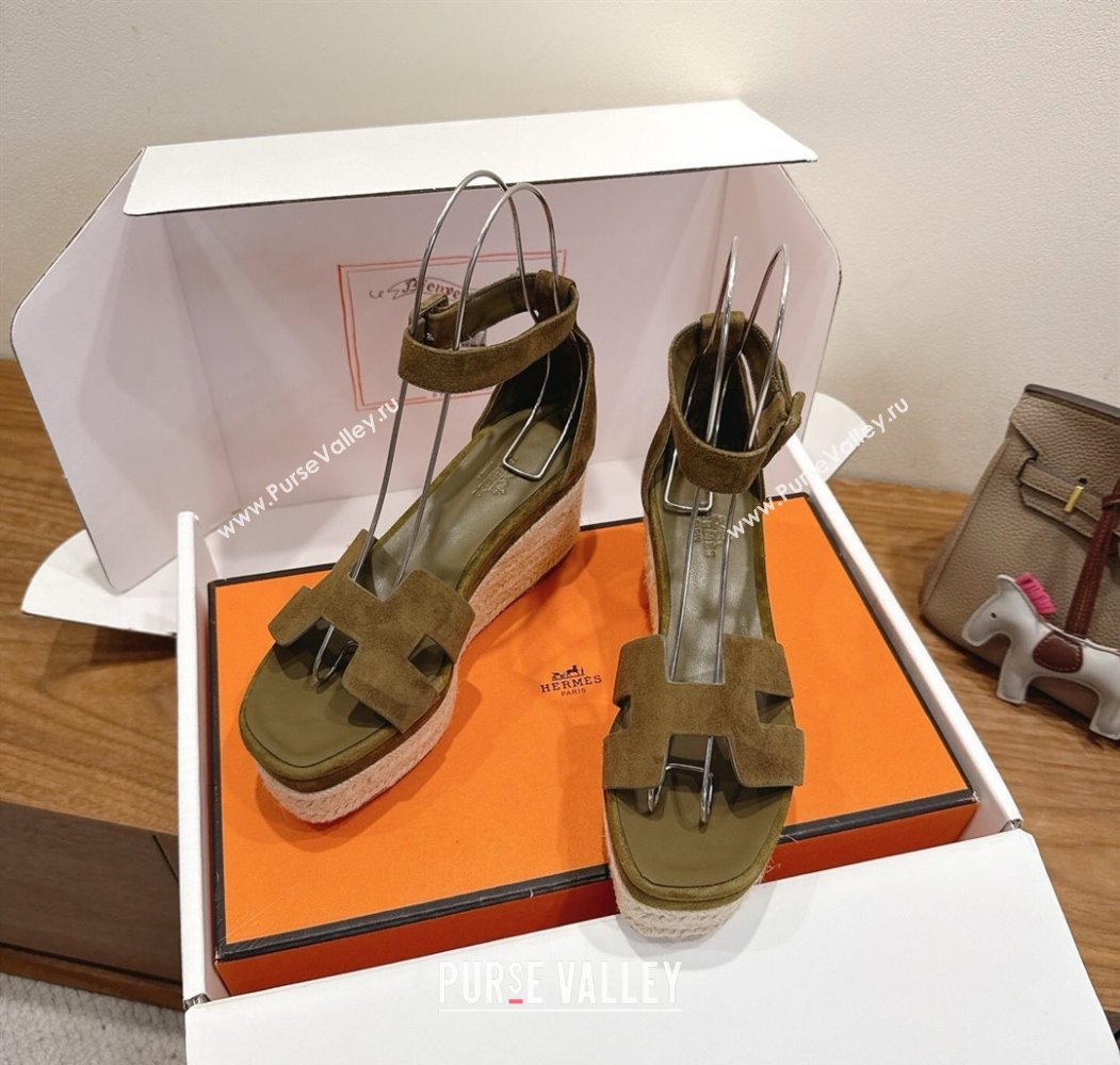Hermes Elda Platform Wedge Sandals 8cm in Suede Green 2025 H082010 (XC-250820119)