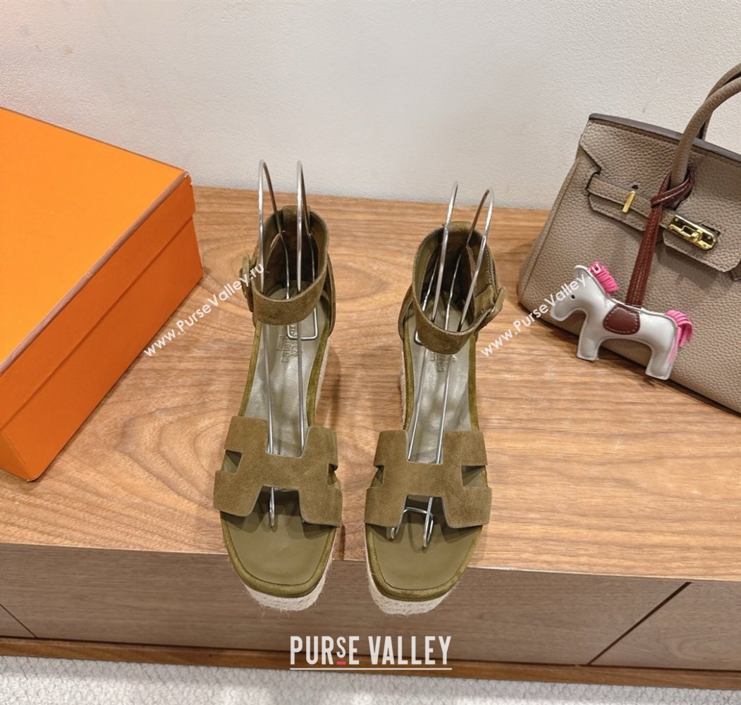 Hermes Elda Platform Wedge Sandals 8cm in Suede Green 2025 H082010 (XC-250820119)