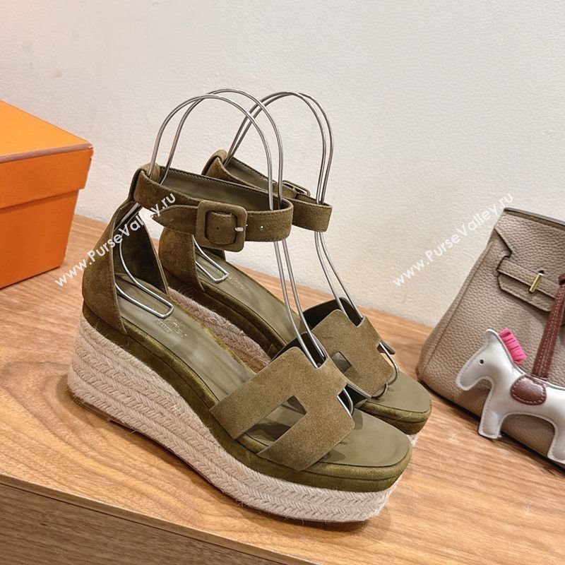 Hermes Elda Platform Wedge Sandals 8cm in Suede Green 2025 H082010 (XC-250820119)
