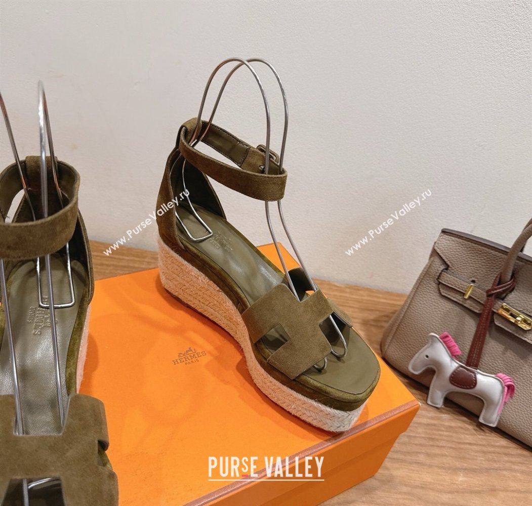 Hermes Elda Platform Wedge Sandals 8cm in Suede Green 2025 H082010 (XC-250820119)