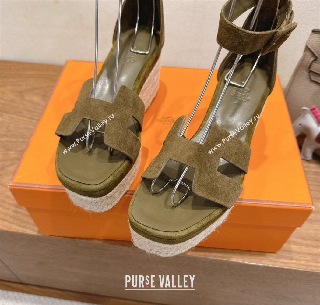 Hermes Elda Platform Wedge Sandals 8cm in Suede Green 2025 H082010 (XC-250820119)