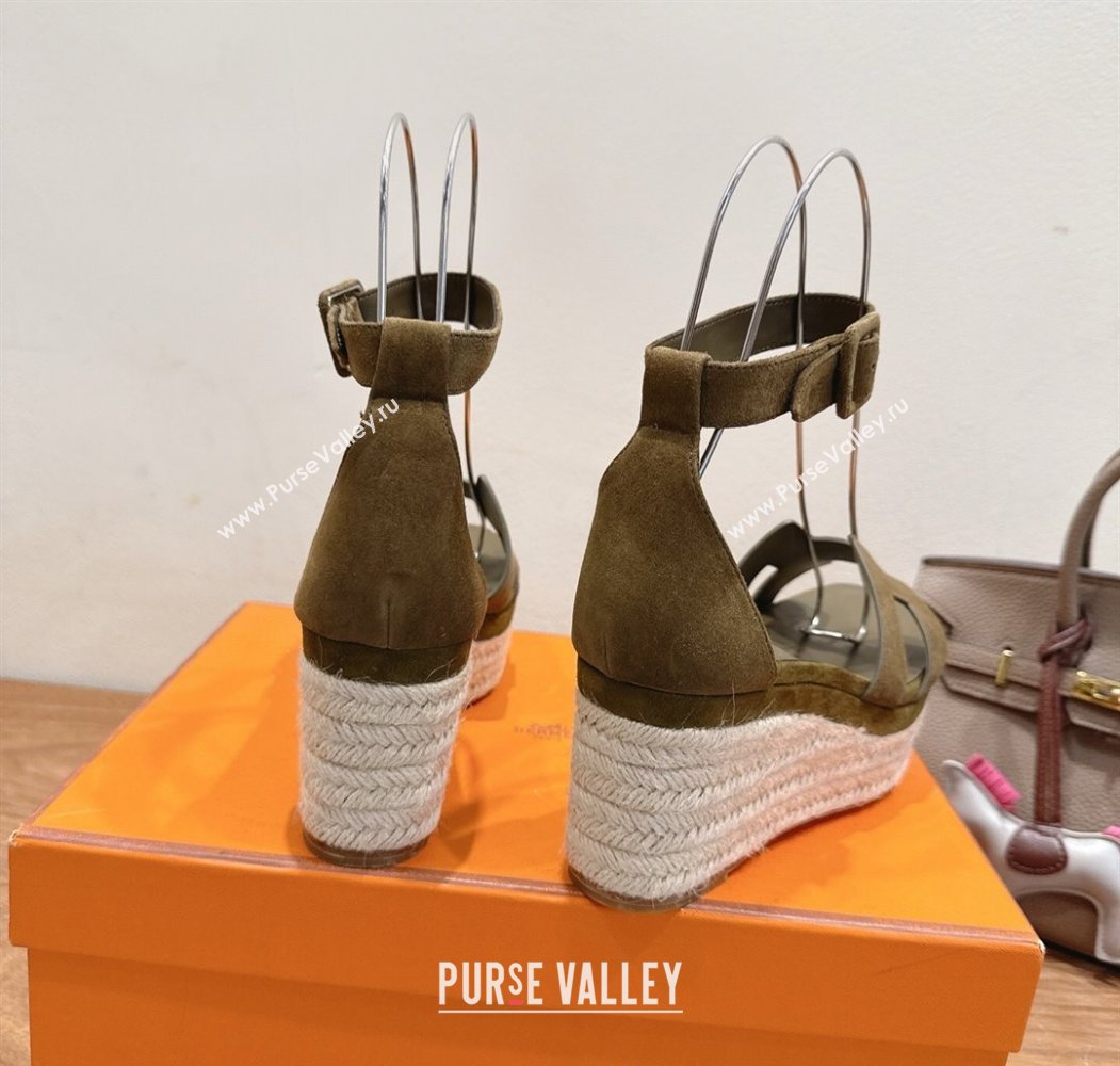 Hermes Elda Platform Wedge Sandals 8cm in Suede Green 2025 H082010 (XC-250820119)