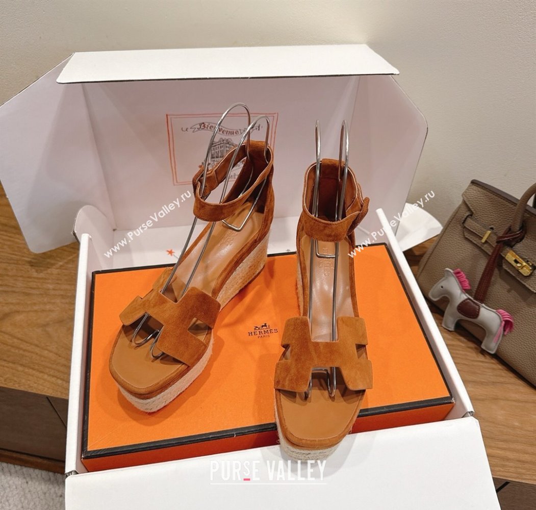 Hermes Elda Platform Wedge Sandals 8cm in Suede Tan 2025 H082010 (XC-250820120)