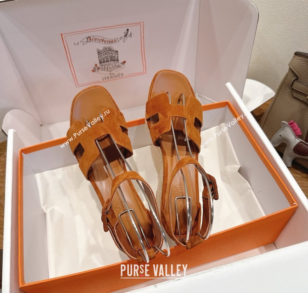 Hermes Elda Platform Wedge Sandals 8cm in Suede Tan 2025 H082010 (XC-250820120)