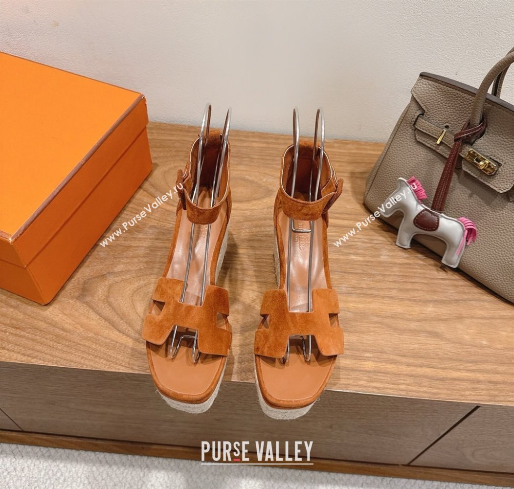 Hermes Elda Platform Wedge Sandals 8cm in Suede Tan 2025 H082010 (XC-250820120)