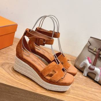 Hermes Elda Platform Wedge Sandals 8cm in Suede Tan 2025 H082010 (XC-250820120)
