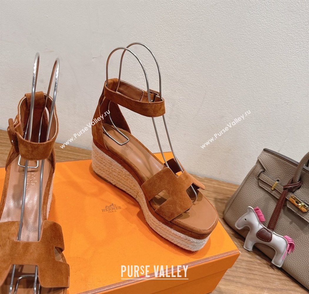 Hermes Elda Platform Wedge Sandals 8cm in Suede Tan 2025 H082010 (XC-250820120)