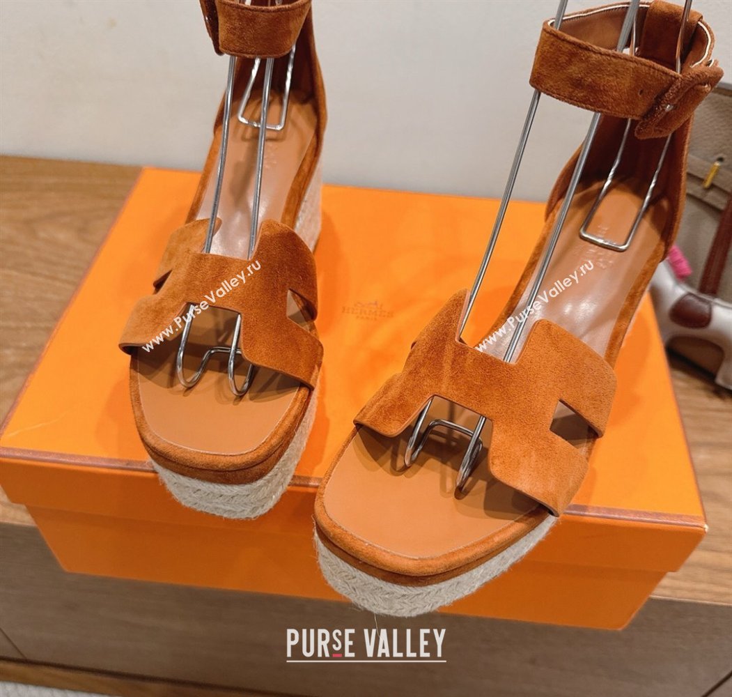 Hermes Elda Platform Wedge Sandals 8cm in Suede Tan 2025 H082010 (XC-250820120)