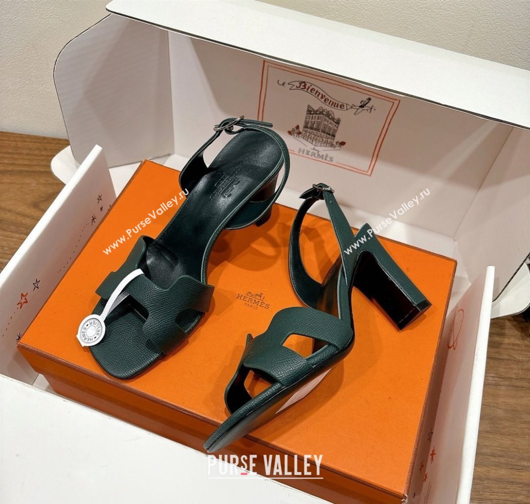 Hermes Eremite Heel Sandals 8cm in Grained Leather Dark Green 2025 H02275 (XC-250820150)