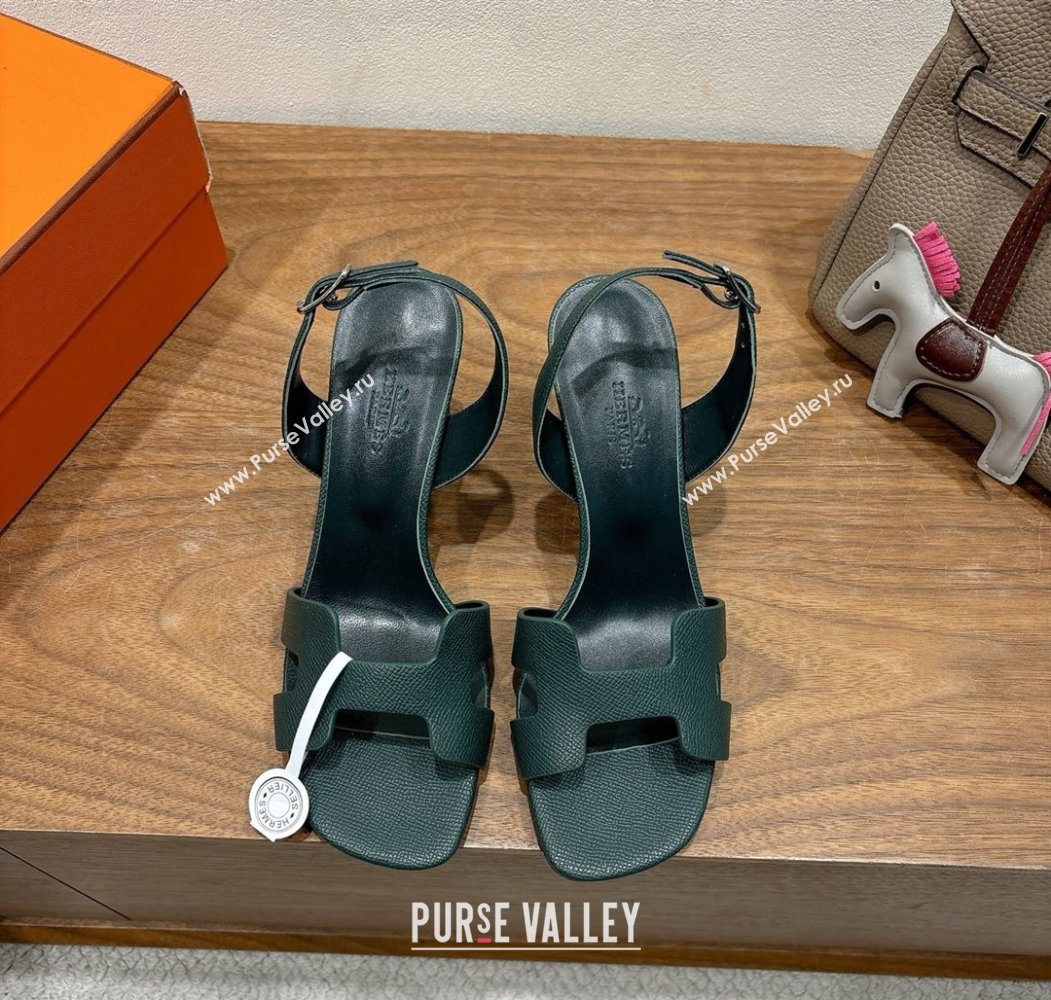 Hermes Eremite Heel Sandals 8cm in Grained Leather Dark Green 2025 H02275 (XC-250820150)