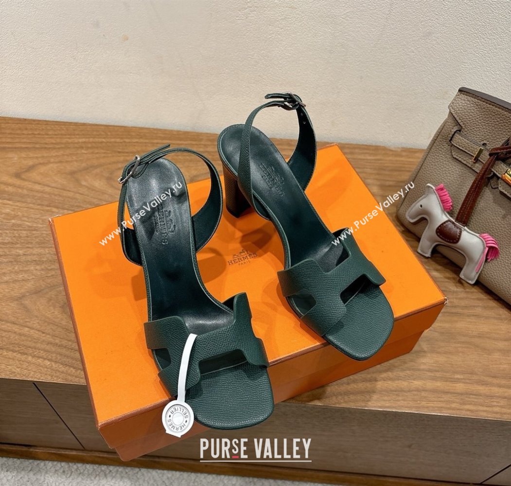 Hermes Eremite Heel Sandals 8cm in Grained Leather Dark Green 2025 H02275 (XC-250820150)
