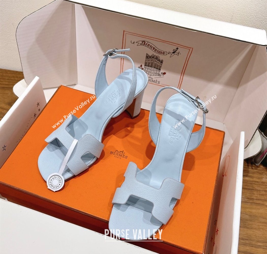 Hermes Eremite Heel Sandals 8cm in Grained Leather Pale Blue 2025 H02275 (XC-250820152)