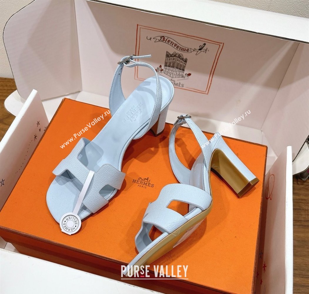 Hermes Eremite Heel Sandals 8cm in Grained Leather Pale Blue 2025 H02275 (XC-250820152)