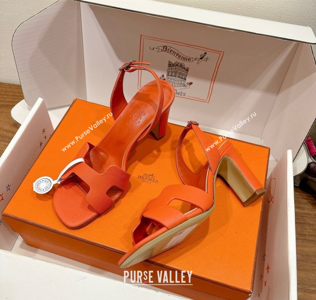 Hermes Eremite Heel Sandals 8cm in Grained Leather Orange2 2025 H02275 (XC-250820155)