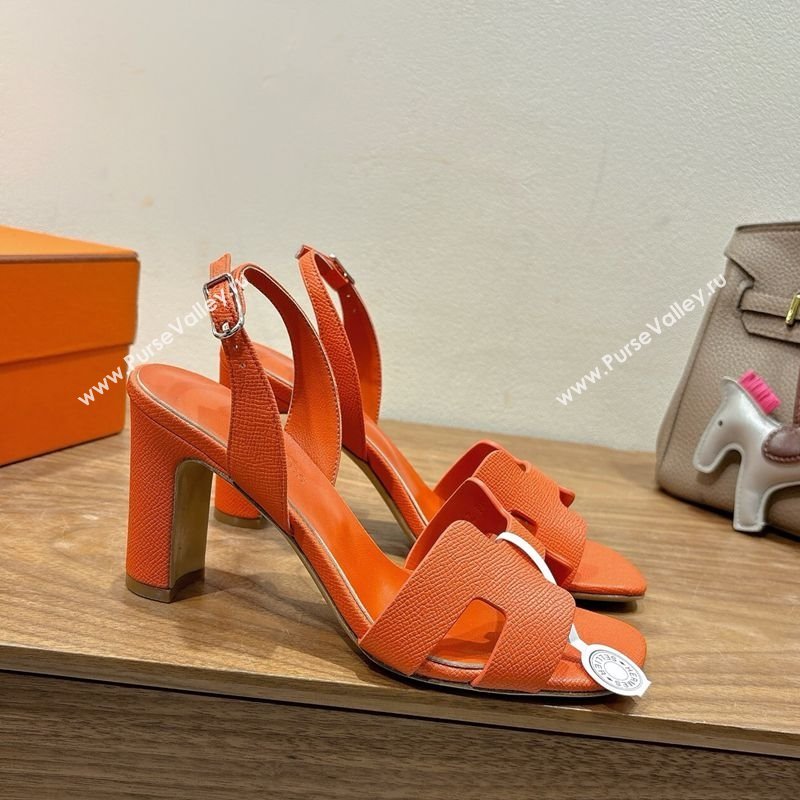 Hermes Eremite Heel Sandals 8cm in Grained Leather Orange2 2025 H02275 (XC-250820155)
